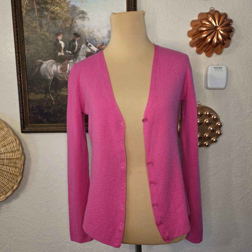 J.Crew Pink Merino Wool Button-Front Cardigan Preppy Quiet Luxury Barbiecore